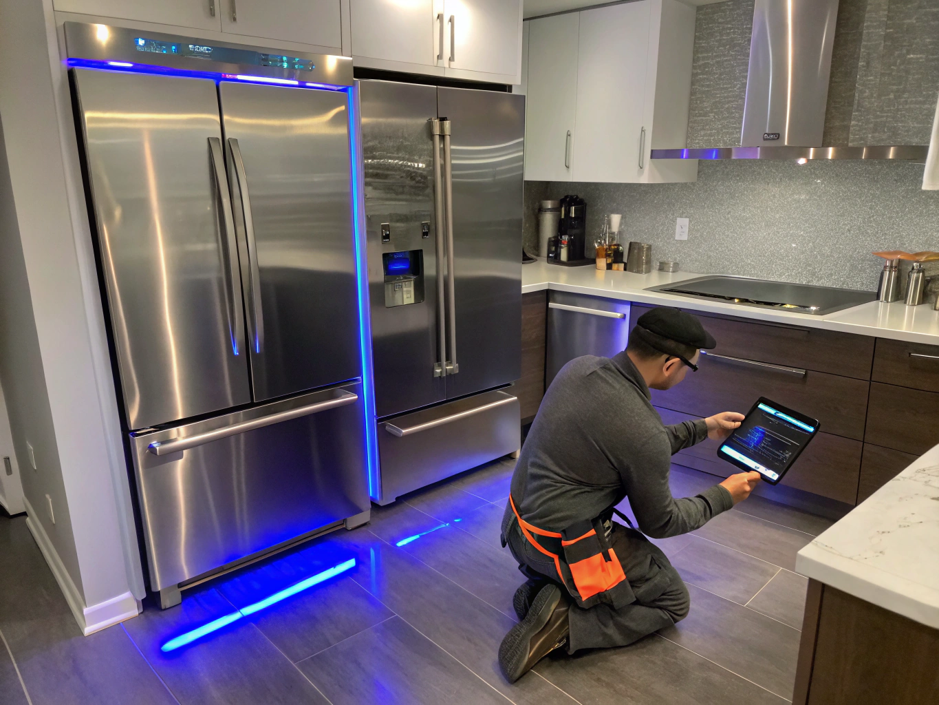 Bosch refrigerator repair technician inspecting a Bosch refrigerator control panel