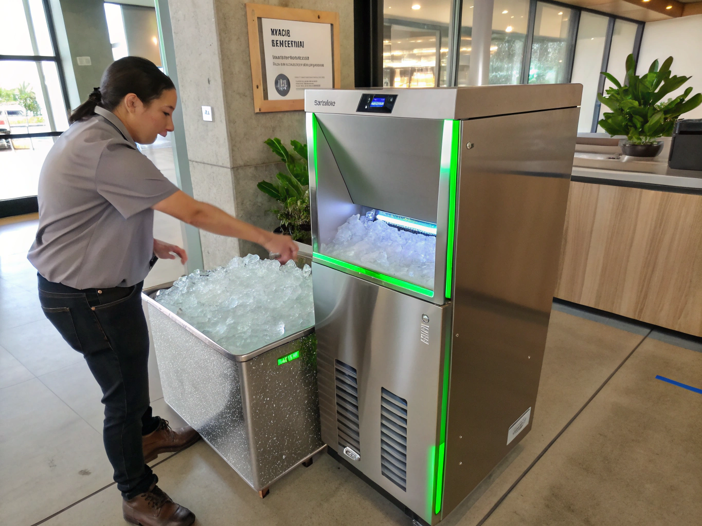 Commercial ice machine dispensing fresh clear ice cubes