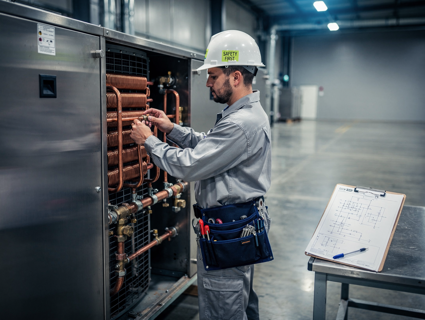 Technician inspecting commercial walk-in cooling coils in Stonecrest