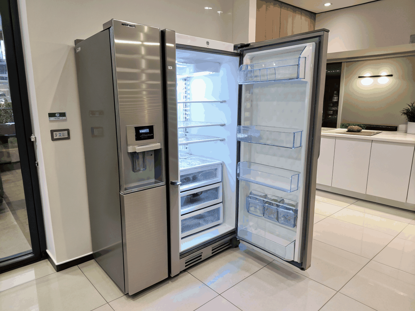 Stainless steel commercial reach-in refrigerator in food service facility