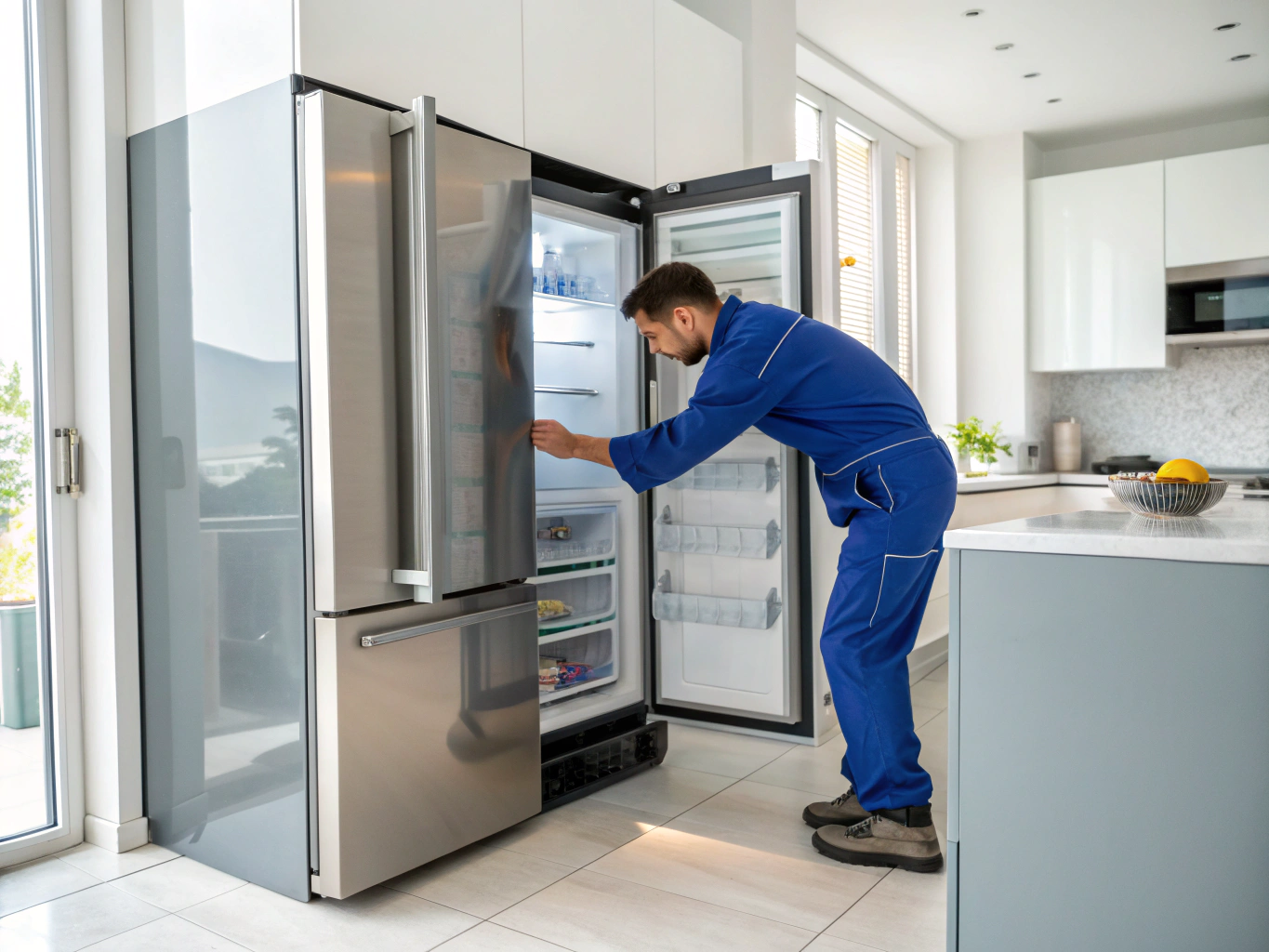 Commercial refrigerator repair technician servicing walk-in cooler in Stonecrest