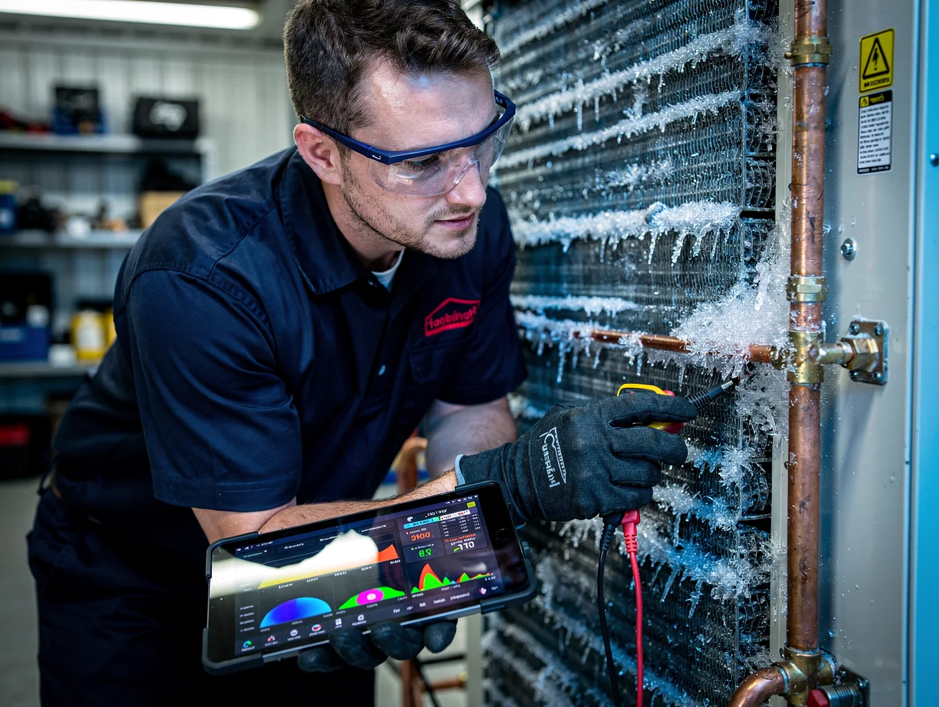 Commercial refrigeration repair technician working on restaurant cooling unit in Stonecrest GA