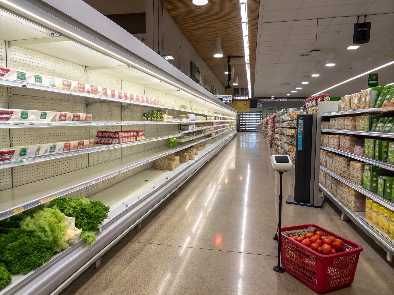 Supermarket open dairy and produce cooling display cases