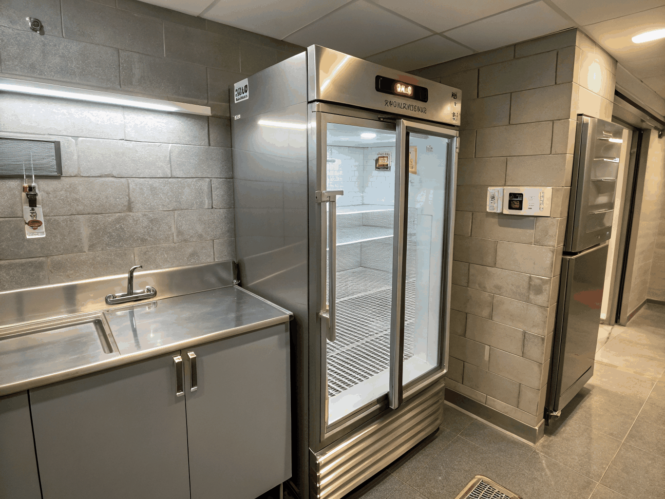 Commercial walk-in cooler storage room in a restaurant kitchen