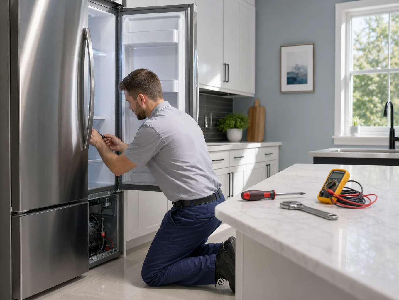 Professional appliance technician repairing a modern French door refrigerator in Decatur, GA