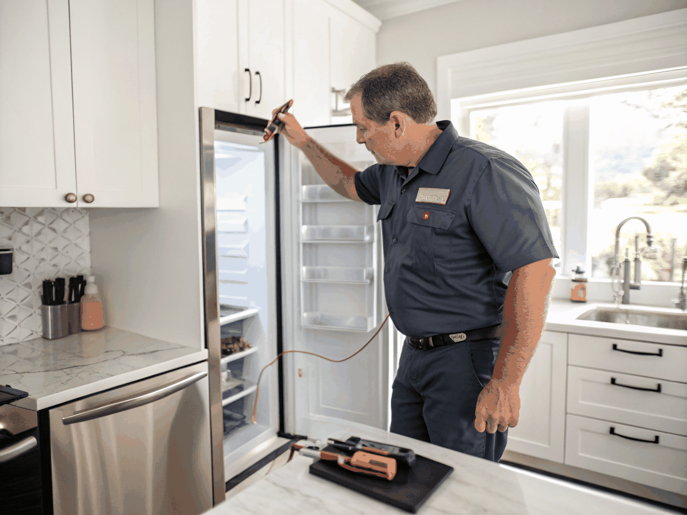 Appliance repair technician inspecting refrigerator in Ellenwood GA
