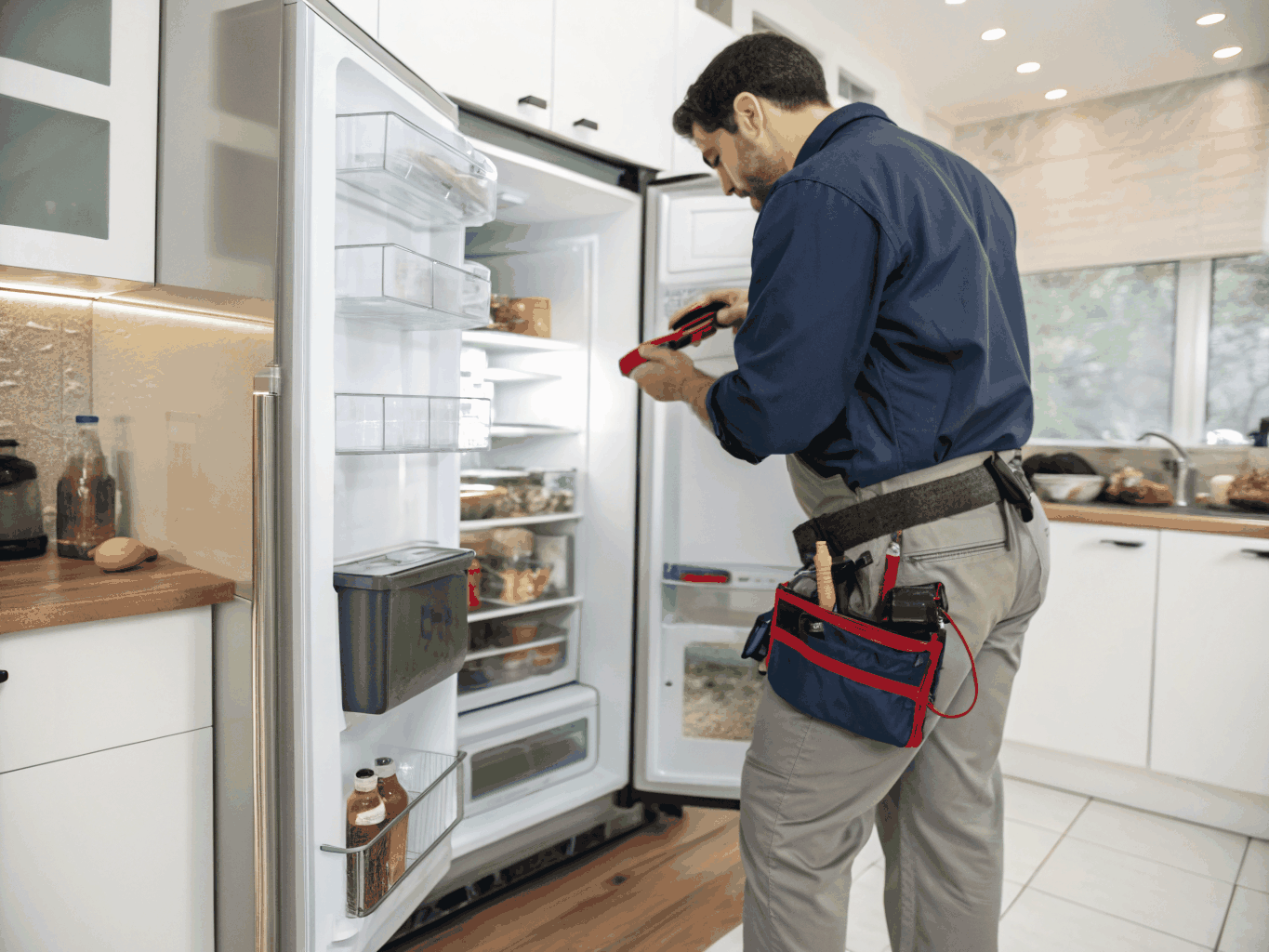 Technician servicing a stainless steel Frigidaire refrigerator in Stonecrest