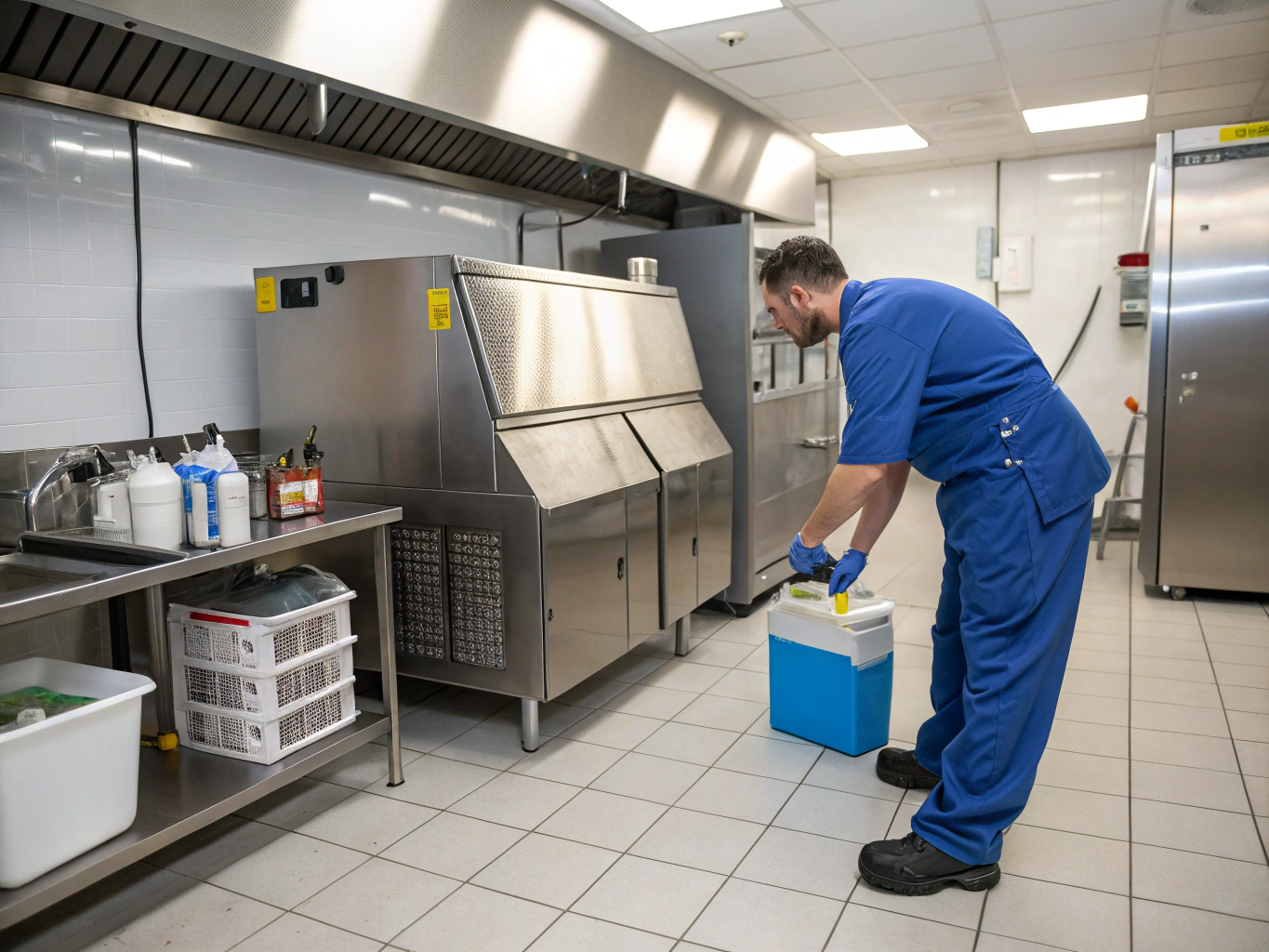 Technician inspecting and servicing a commercial ice machine unit in Stonecrest