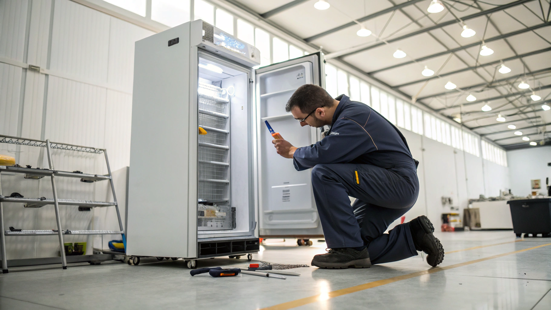 Professional technician inspecting residential refrigerator ice maker assembly