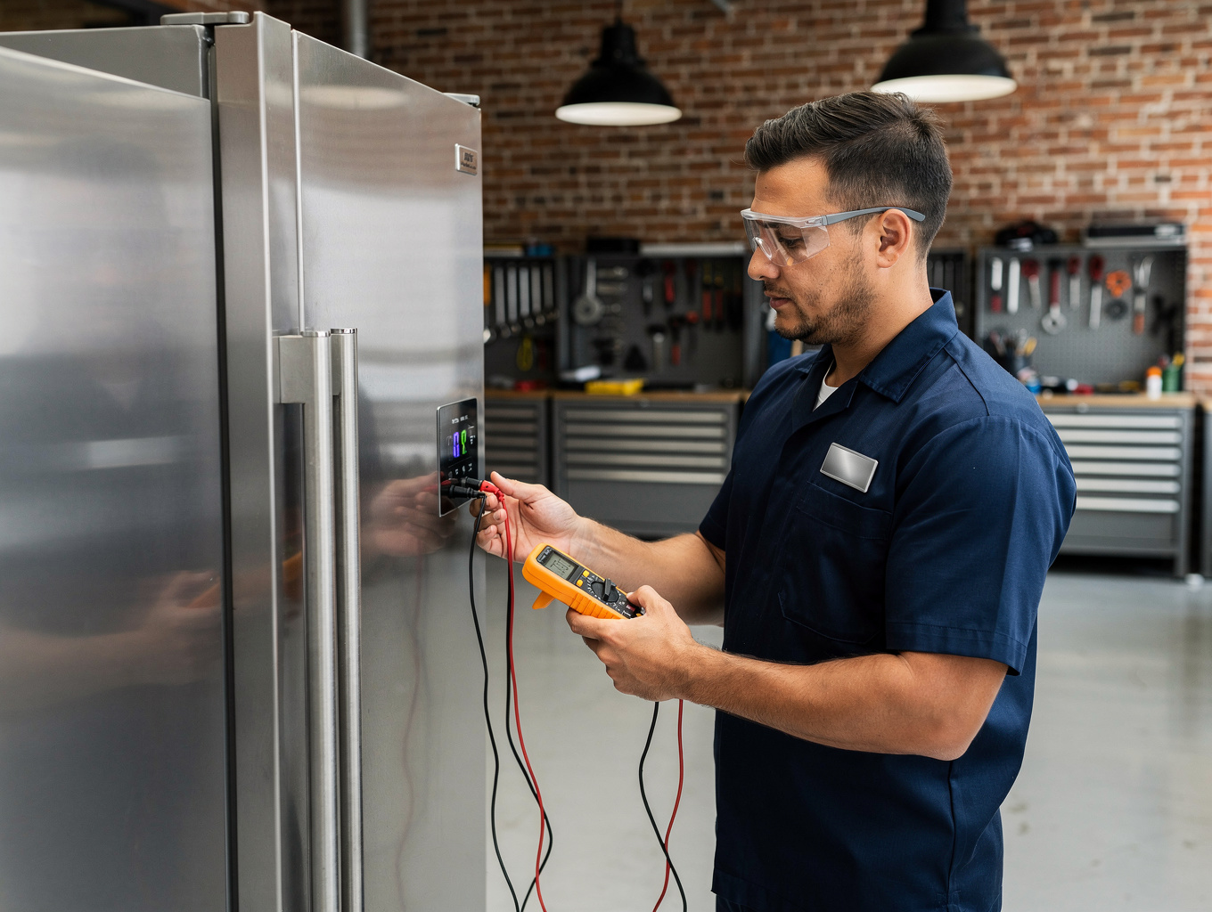 Professional technician servicing a modern stainless steel refrigerator in Lithonia Georgia