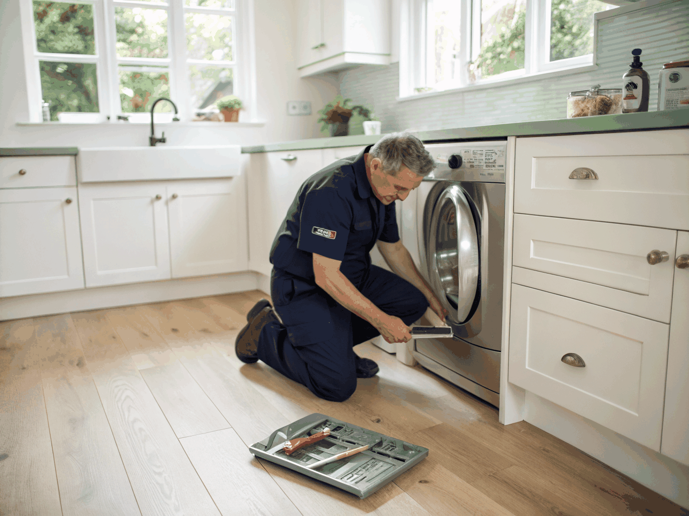 Technician repairing a Maytag stainless steel refrigerator