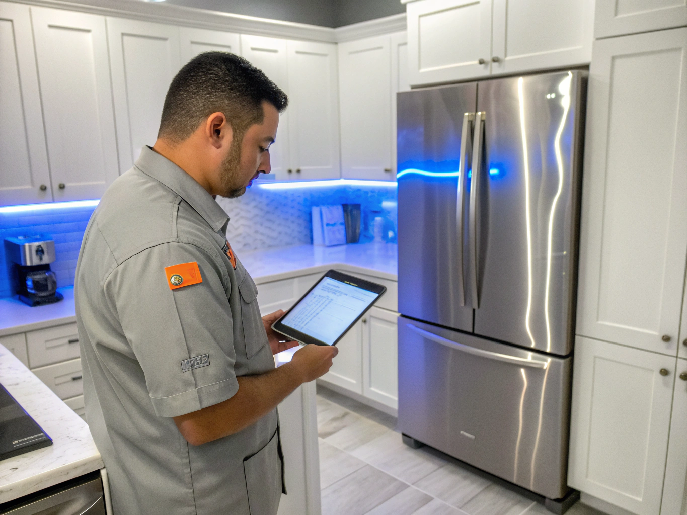 Professional technician inspecting a modern Samsung French door refrigerator in Stonecrest