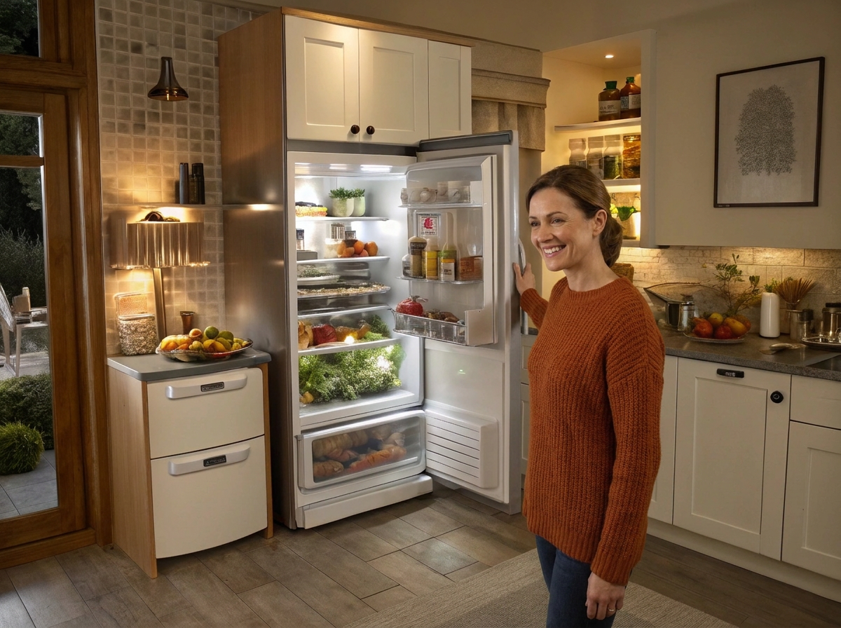 Relieved homeowner standing beside her open, fully stocked refrigerator in a warm kitchen